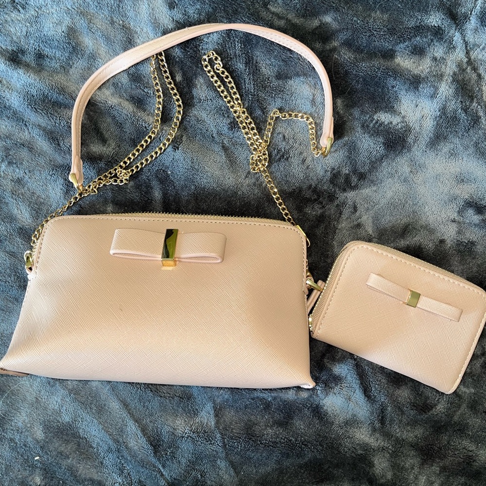 Light pink, bow crossbody purse with matching wallet